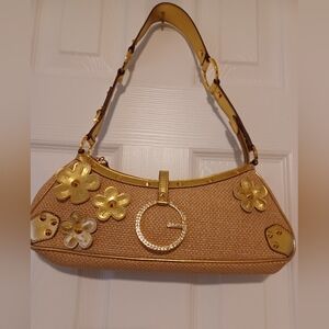 Vintage Guess Gold and Tan Floral Shoulder Bag